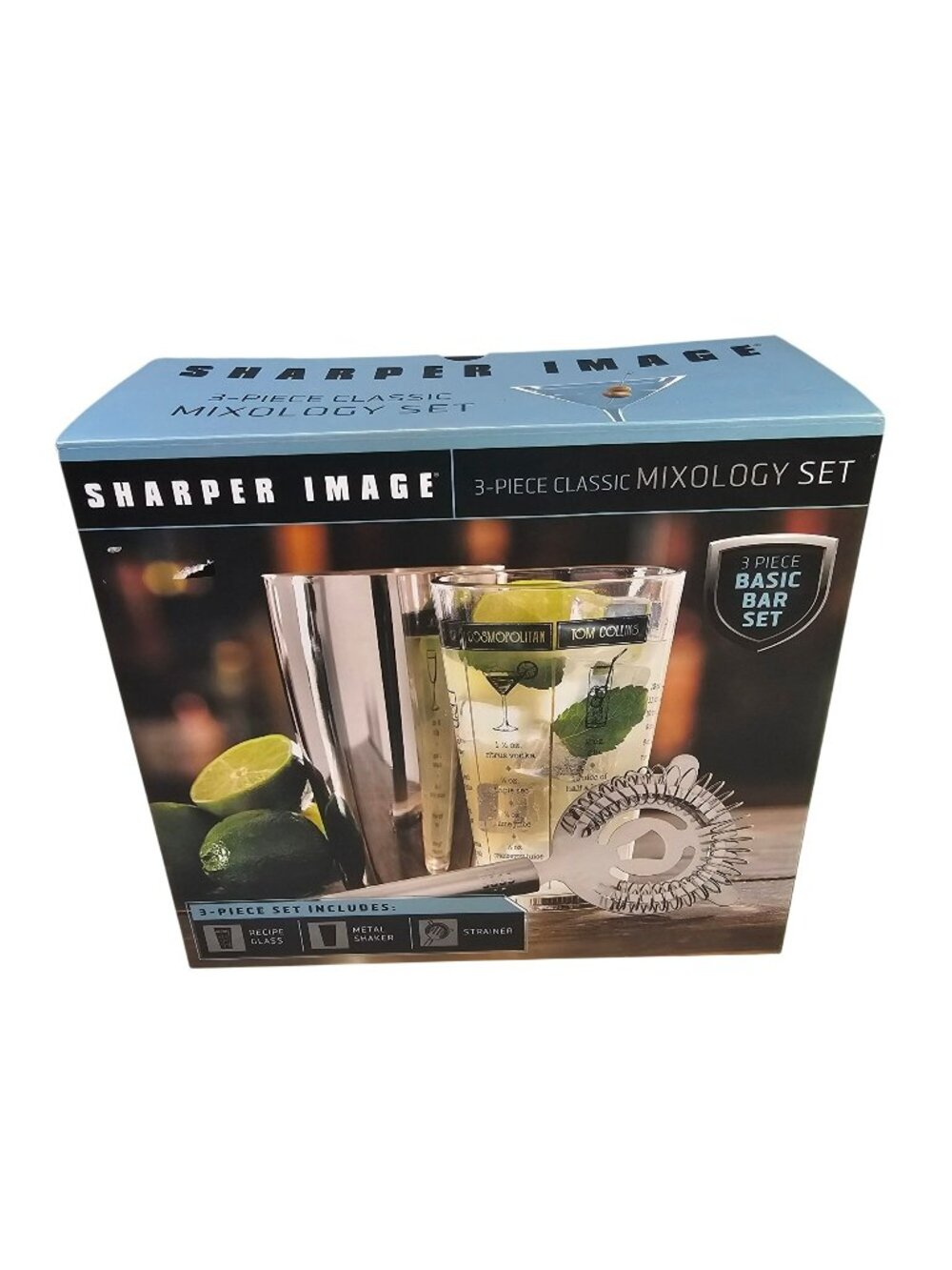 Sharper Image 3pc Classic Mixology Set NEW Recipe Glass, Metal Shaker & Strainer